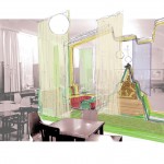 Symbolisch: 
Der Vorhang erfährt eine Transformation in Kombination mit
der orientalischen Ästhetik und Bildsprache.
Programmatisch:
Raum-in-Raum tageszeitabhängige
Kinderspielzone oder Kuschelecke